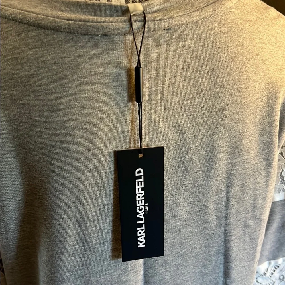 NWT. Karl Lagerfeld, size small, Gray and White Lace Panel Women's Top - Picture 7 of 13